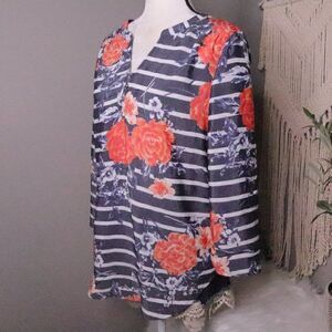 Fred David | Floral Striped Split V Neck Popover Top